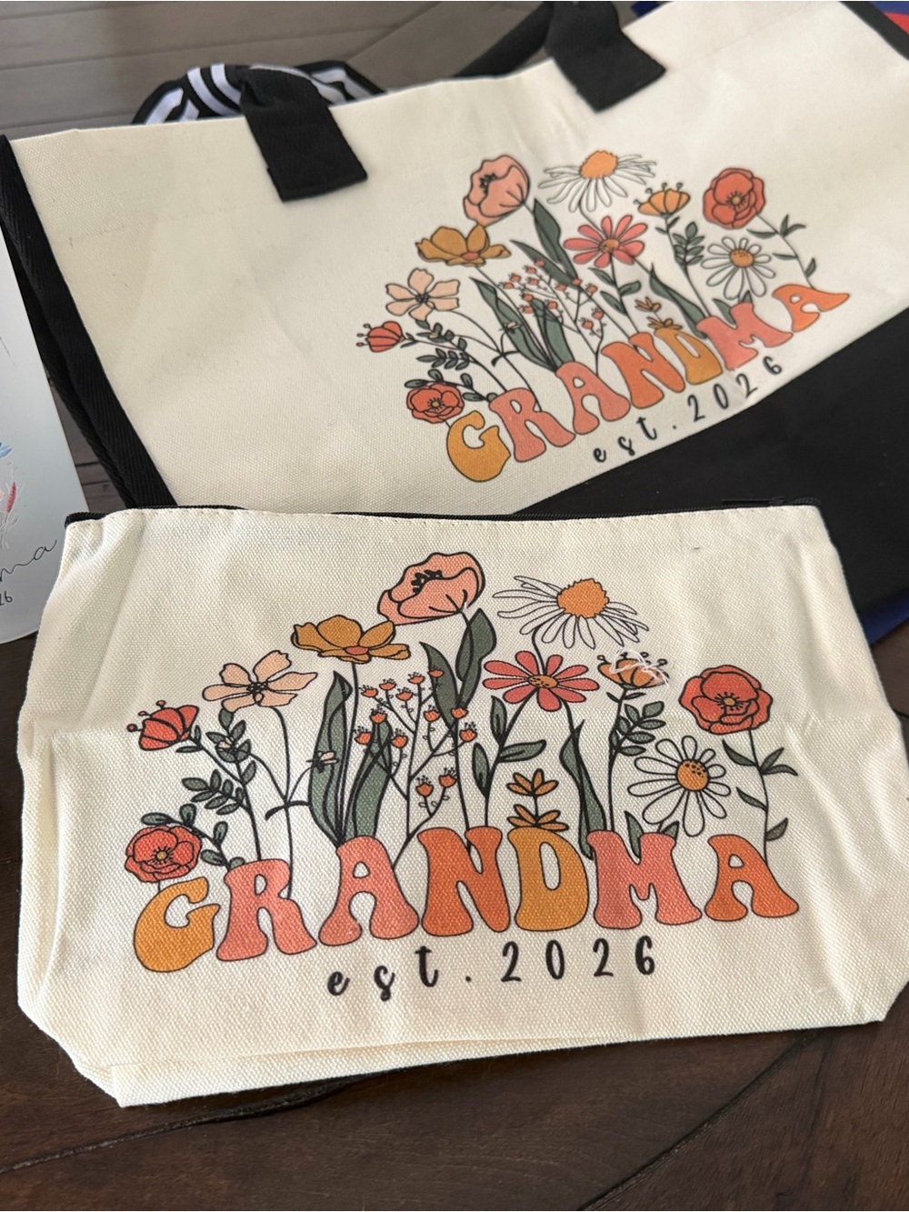 Grandma gift set Floral Canvas Pouch - Cream & Orange Design.